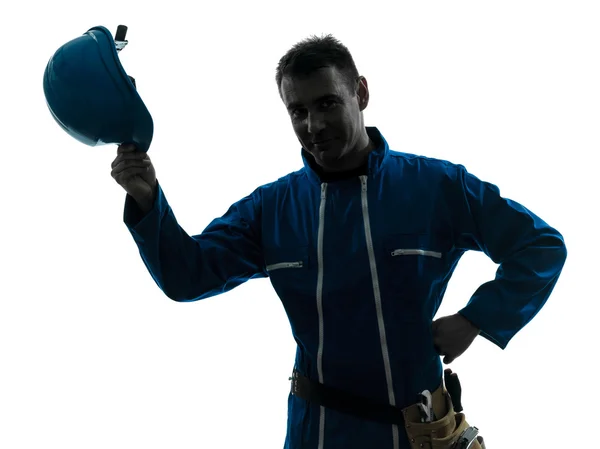 Man construction worker saluting silhouette portrait — Stock Photo, Image