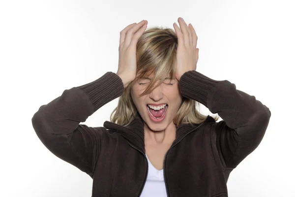 Young blond caucasian expressive woman screaming — Stock Photo, Image