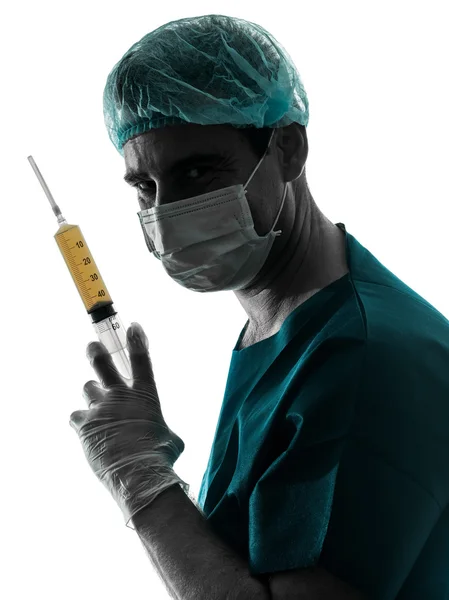 Doctor surgeon Anesthetist man holding surgery needle silhouette — Stock Photo, Image