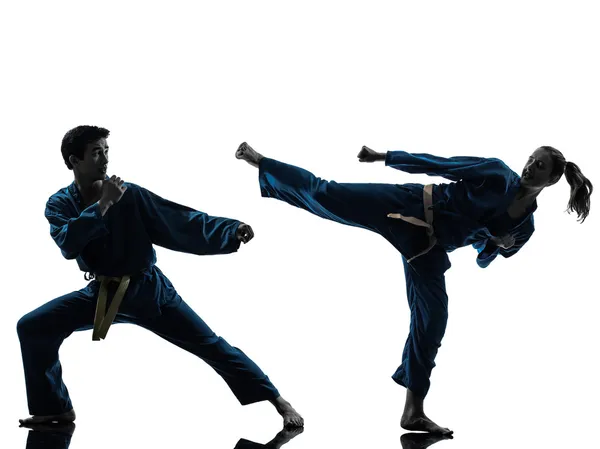 Karate vietvodao dövüş sanatları adam kadın çift siluet — Stok fotoğraf