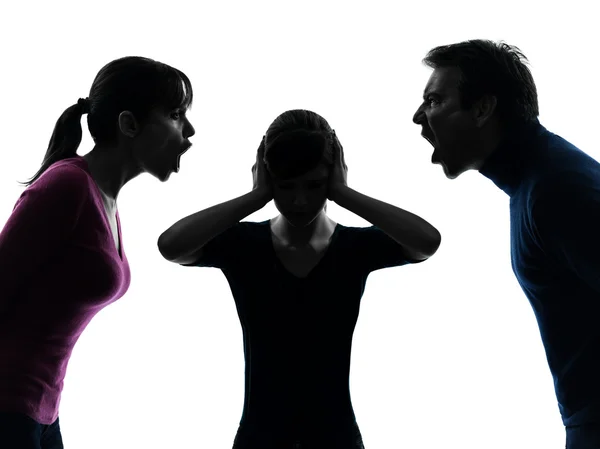 Family father mother daughter dispute screaming silhouette — Stock Photo, Image