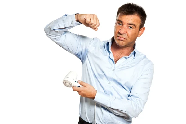 One man sweat stain perspire drying shirt — Stock Photo, Image