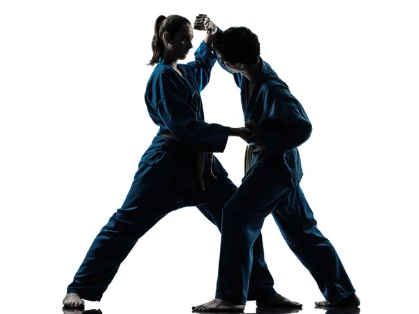 Karate vietvodao seni bela diri pria pasangan siluet — Stok Foto