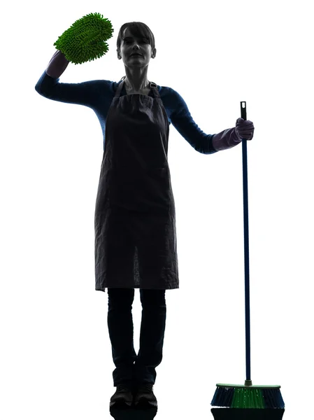 Woman maid housework brooming saluting silhouette — Stock Photo, Image