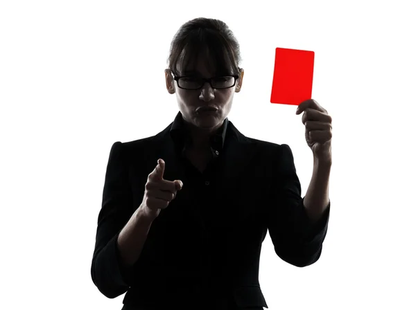 Business woman showing red card silhouette — Stok fotoğraf