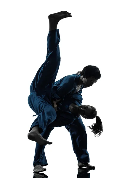Karate vietvodao artes marciais homem mulher casal silhueta — Fotografia de Stock