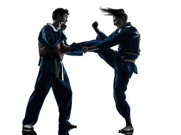 Karate vietvodao artes marciais homem mulher casal silhueta — Fotografia de Stock