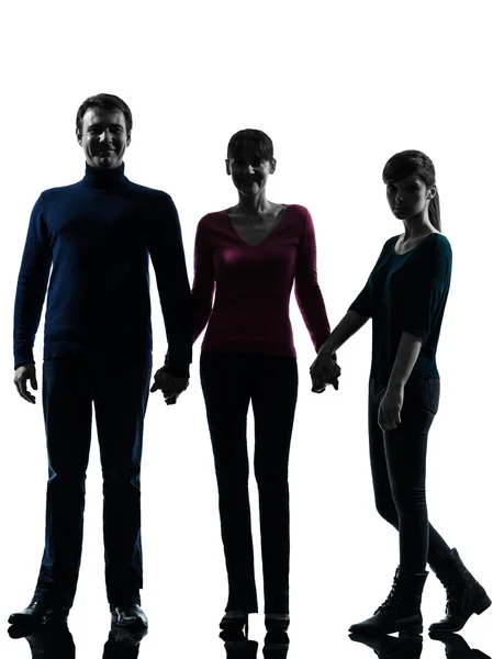 Familie vader moeder dochter houden handen silhouet — Stockfoto