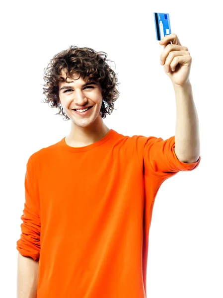 Young man happy holding credit card portrait Royalty Free Stock Photos