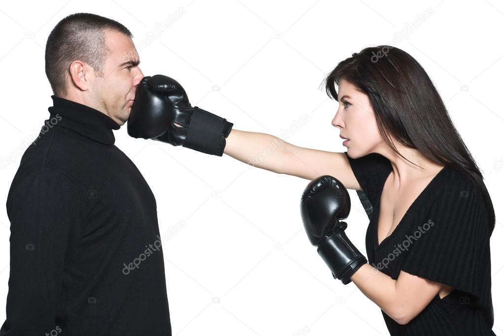 Couple woman punching boxing a man funny dispute conflict