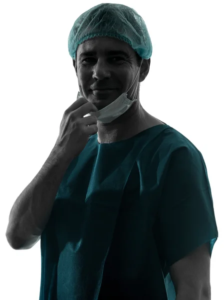 Läkare kirurg man stående med ansikte mask leende vänligaDoktor chirurg muž portrét s tvář masku úsměvu přátelský — Stockfoto