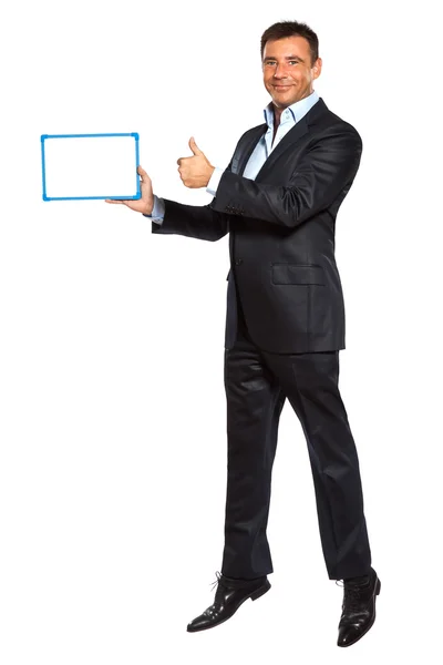 One business man jumping holding showing whiteboard Stock Picture