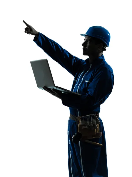 Man construction worker computing computer silhouette portrait — Stock Photo, Image