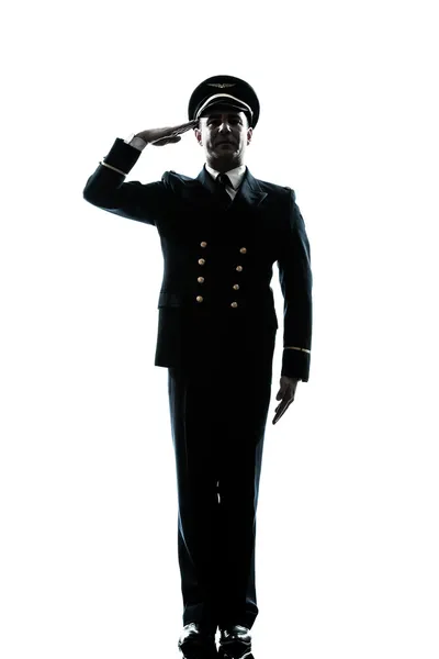 Чоловік в авіакомпанії пілот уніформа силует салют — стокове фото