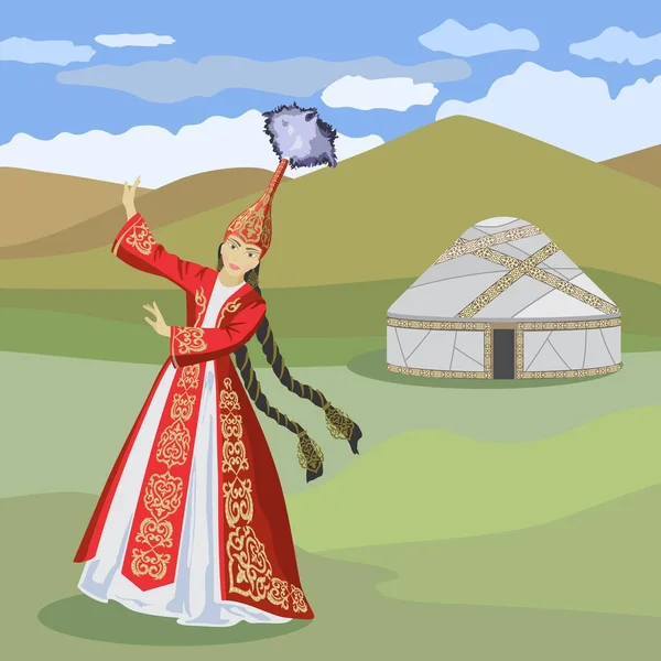 Vektör çizimi. Danslı güzel bir kadın, Kazak milli kostümü içinde, bir dağ manzarası, bir yurt ve atların arka planında.