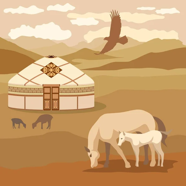 Ilustración Vectorial Yurt Una Vivienda Tradicional Nómadas Una Casa Móvil — Vector de stock