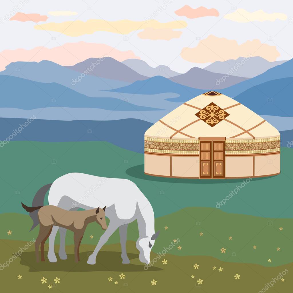 Vector illustration. Yurt-a traditional dwelling of nomads, a mobile home, with a set of ornaments. Horse and foal, on the background of a mountain landscape.