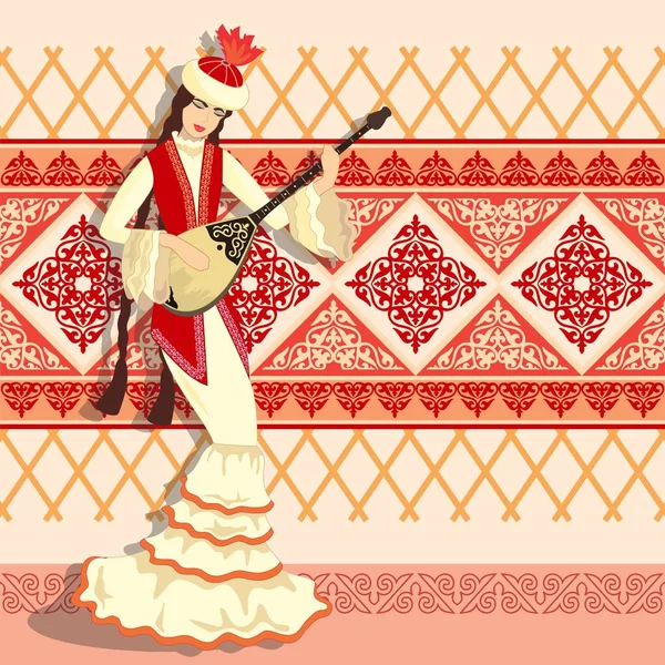 Vektör çizimi. Kazak milli kostümlü güzel bir kadın yurdun arka planında bir dombra müzik aleti çalıyor.