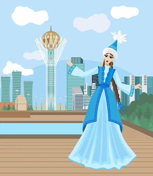 Векторное Изображение Танцующей Девушки Фоне Столицы Казахстана Нур Султана Астана — стоковый вектор