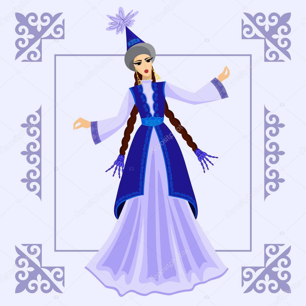 Vector image of a dancing girl in a Kazakh folk costume on the background of an ornament