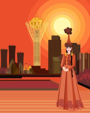 Kazakistan 'ın başkenti Astana' nın arka planında ulusal kostümlü bir kızın vektör görüntüsü.