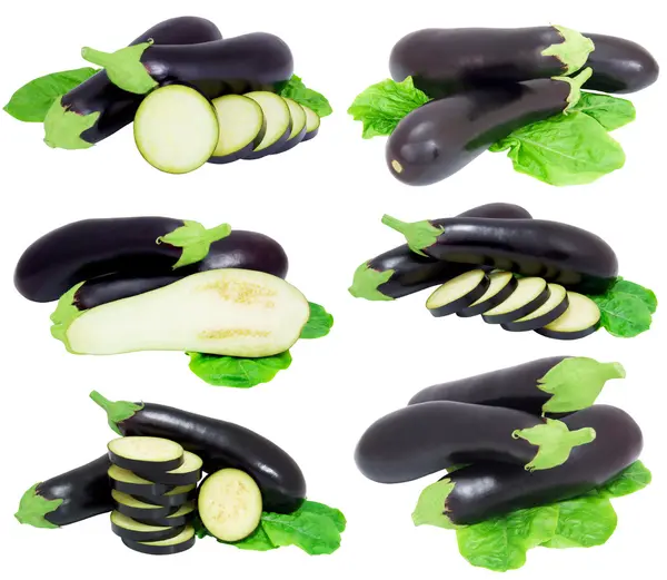 Set van aubergine versierd met sla bladeren — Stockfoto