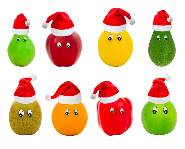 Zbiór owoców z oczu w czerwone kapelusze santa Claus — Zdjęcie stockowe