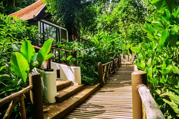 El camino de madera sobre hotel tropical — Foto de Stock