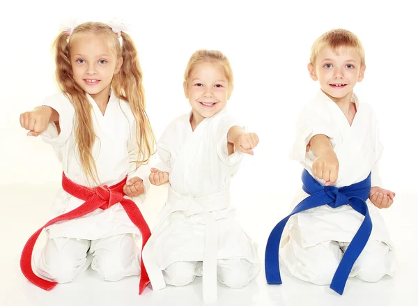 Glada unga barn att sitta i en ceremoniella kimono karate posera och slå en punch — Stockfoto