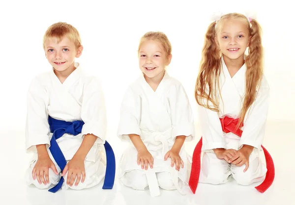 Jóvenes atletas alegres en kimono sentados en un ritual de pose de karate —  Fotos de Stock