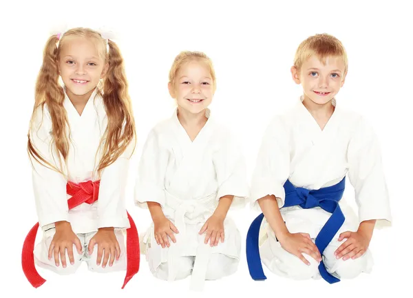 Alegres niños pequeños para sentarse en una pose de kimono karate ceremonial —  Fotos de Stock