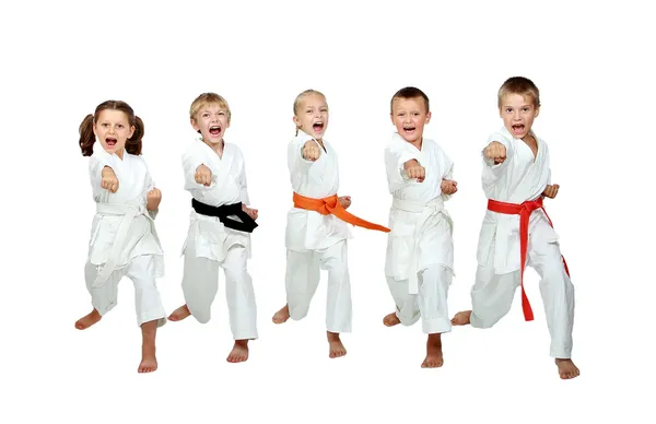 Im Kimono schlagen kleine Kinder einen Karate-Kick-Arm — Stockfoto