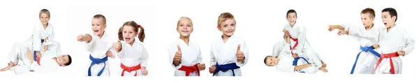 Çocuklara karate teknikleri bir kolaj göster.