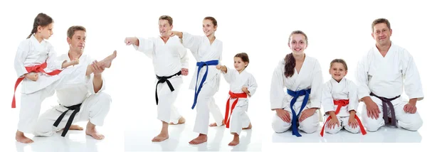 Aile karate sporcuların gösterileri beyaz arka plan kolaj — Stok fotoğraf