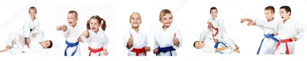 Children show techniques of karate a collage