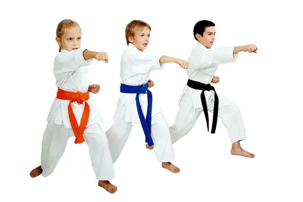 kimono içinde üç karateka yumruk kol vurdu