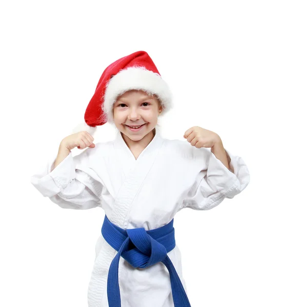 Menina no quimono e gorro Papai Noel — Fotografia de Stock