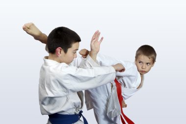 Kırmızı ve mavi kemer karate grev yapıyor iki sporcu