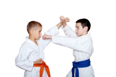 Turuncu ve mavi kuşaklı sporcular resepsiyon veriyor.