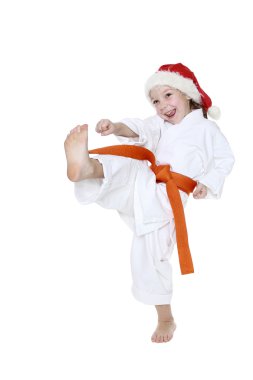 Turuncu kemer ve santa Claus kap ile kızı tekme bacak yener