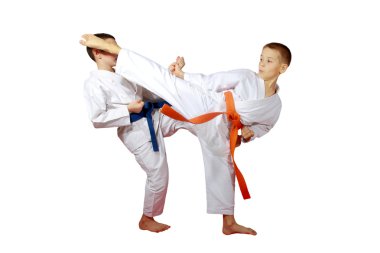 Beyaz bir arka plan üzerinde erkek sporcular yetiştirmek karate çalışmaları