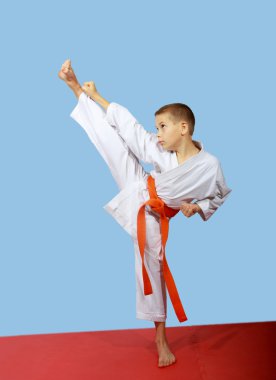sporcu bir kimono içinde yüksek darbe ayak gerçekleştirir