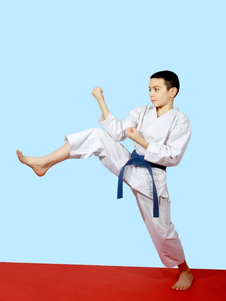 Small athlete doing a direct kick leg — Stock Photo, Image