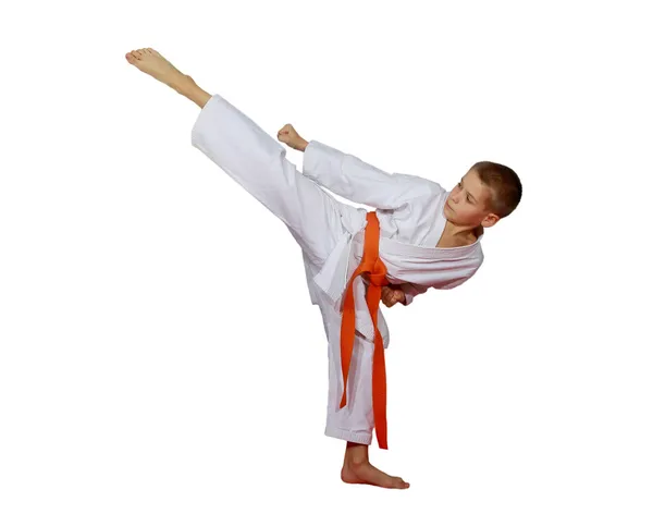 Sportsman in a kimono beat a circular high kick leg — Stock Photo, Image