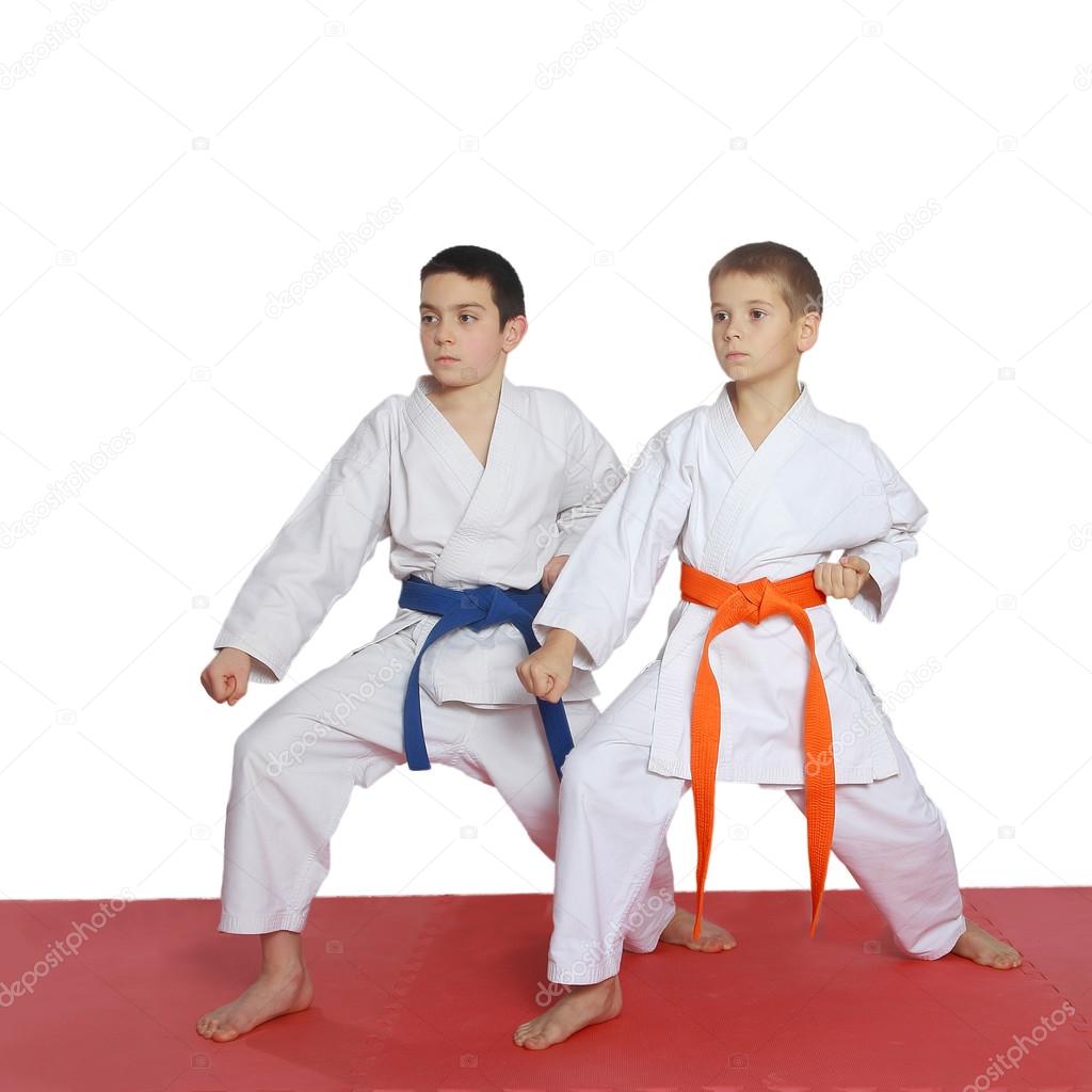 Two athletes with orange belt and blue belt stand in rack