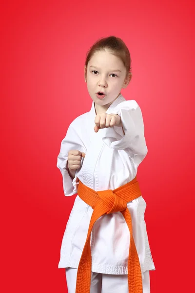 Straight punch hand is doing a girl in a kimono — Stock Photo, Image