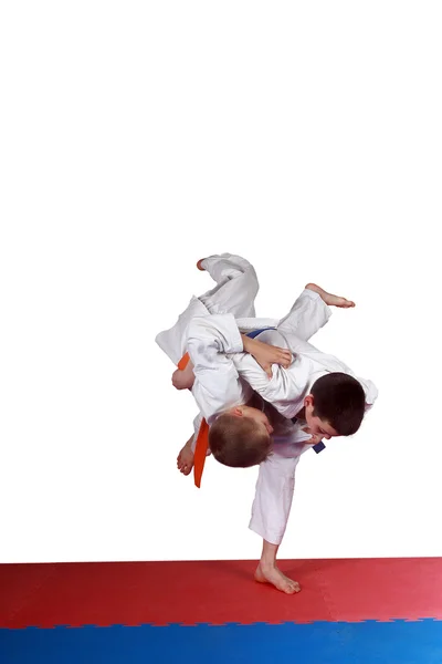 With a blue belt athlete is doing a reception nage-waza — Stock Photo, Image