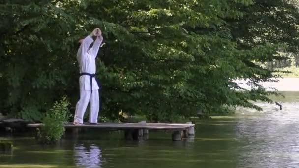Männliche Sportler Trainieren Formale Übungen Auf Der Brücke Vor Der — Stockvideo