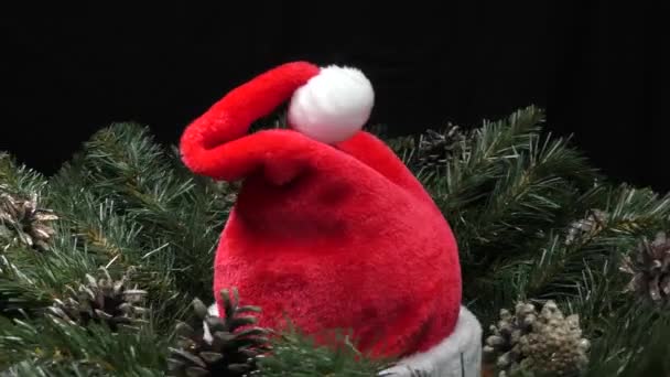 Chapeau Père Noël Entouré Branches Arbre Noël Vert Cônes Mouvement — Video