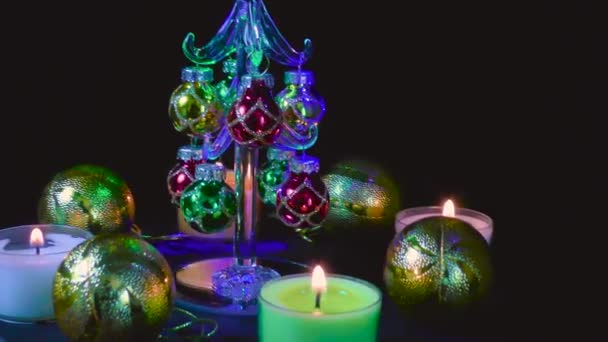 Christmas Video Card Shining Christmas Tree Surrounded Christmas Candles Balls — Stock Video